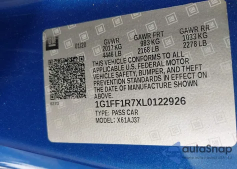 2020 Chevrolet Camaro Rwd Lt1 из США, поврежденный, VIN 1G1FF1R7XL0122926